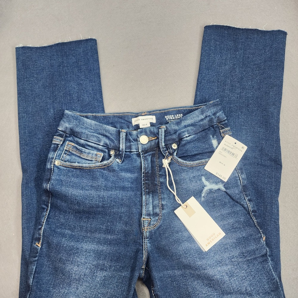Good American Good Legs Straight Indigo Distressed Jeans Womens 00-4